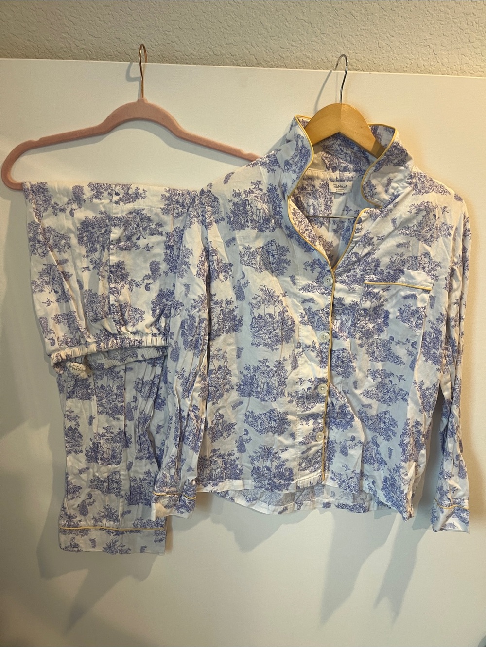 BedHead Pajamas Lavender French Toile Organic Cotton Pajama Set Yellow Piping